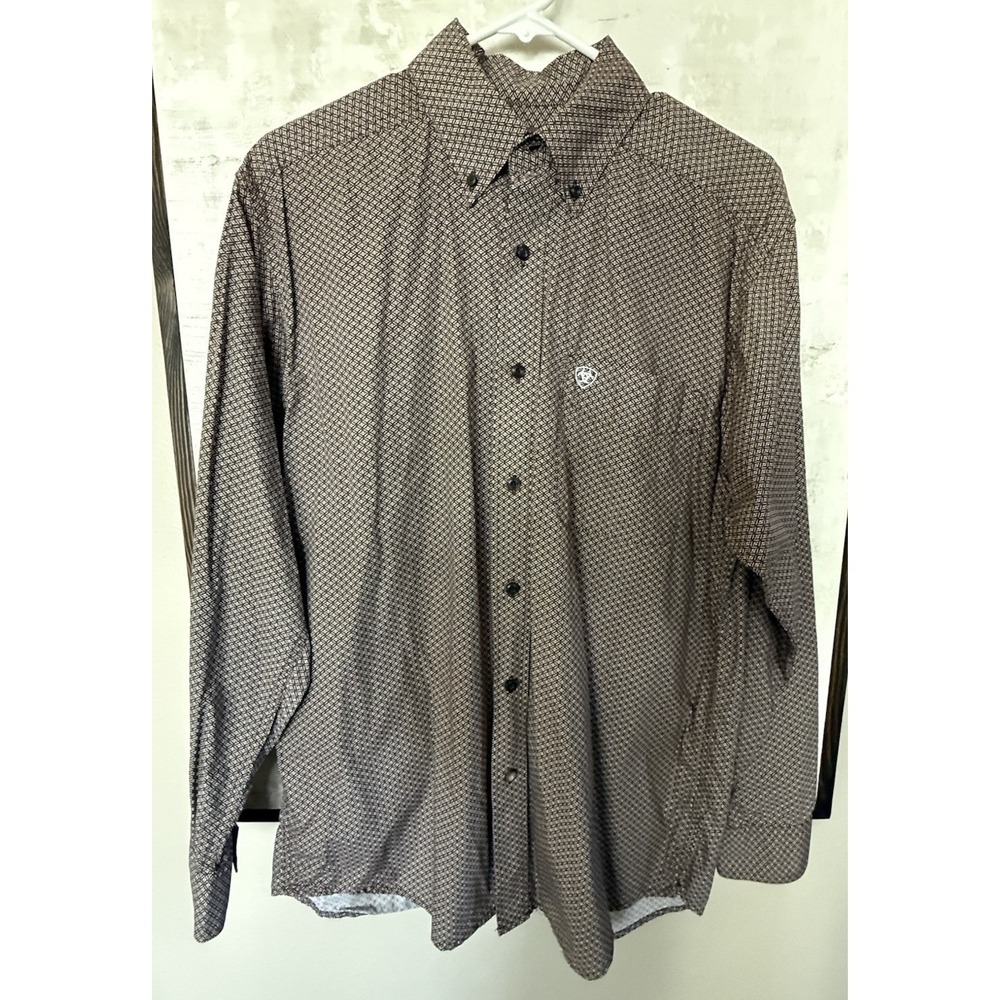 Ariat Brown Geometric Men's Medium Shirt Embroidered‎ Logo Western Rodeo